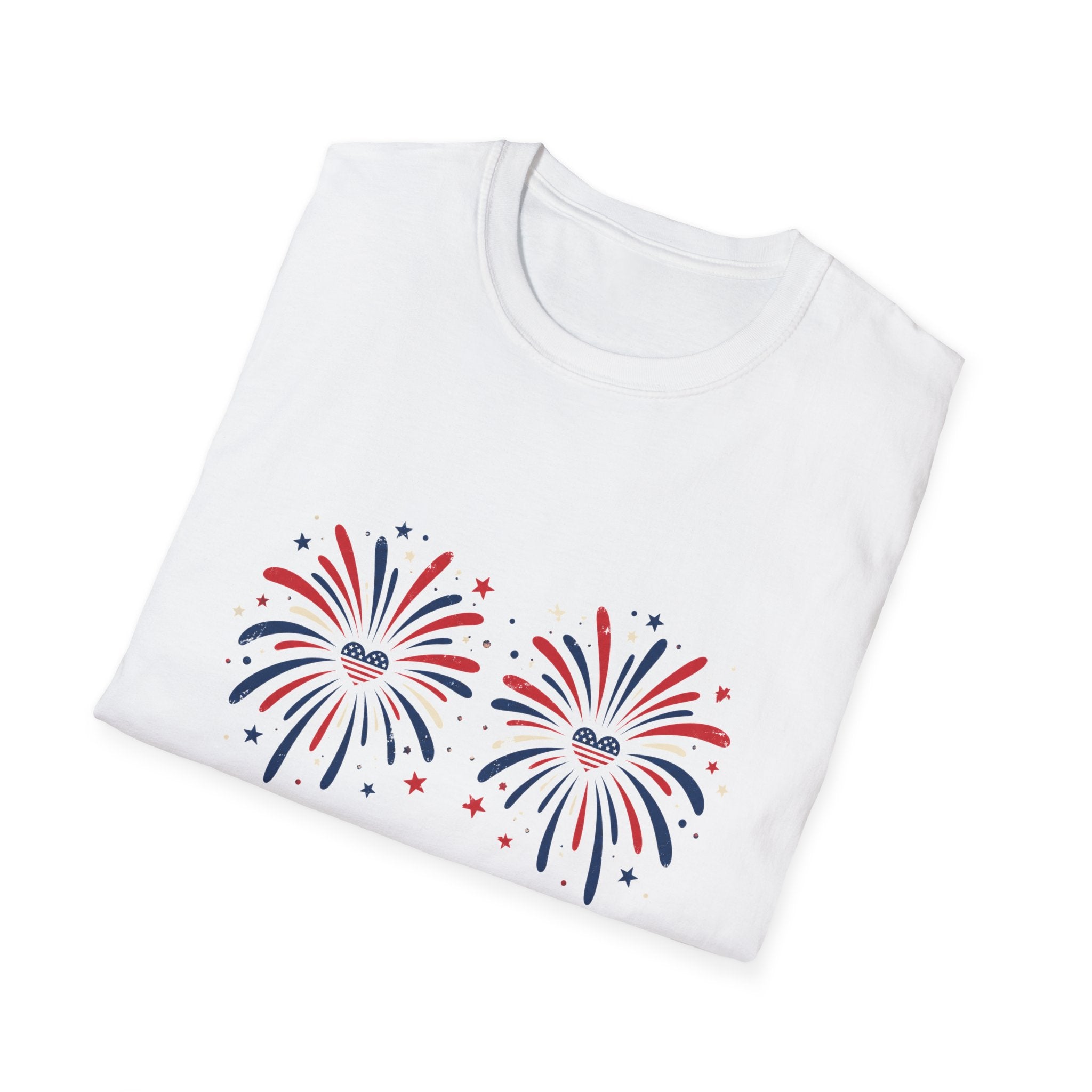 Fireworks Graphic T-Shirt — Patriotic Red & Blue Celebration Tee