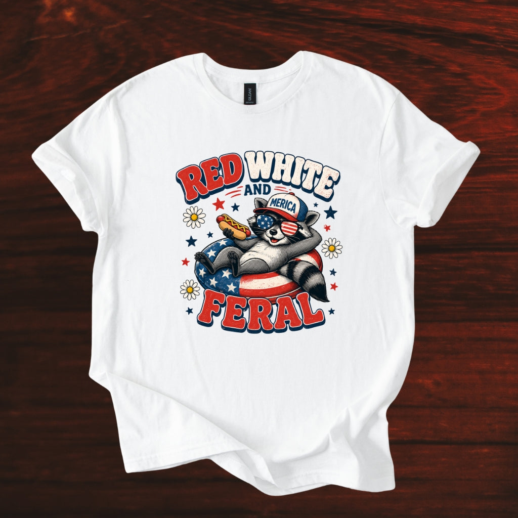 Red White and Feral Patriotic Raccoon Tshirt