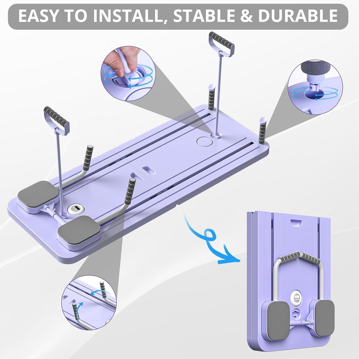 Foldable Pilates board showing handle installation and compact storage