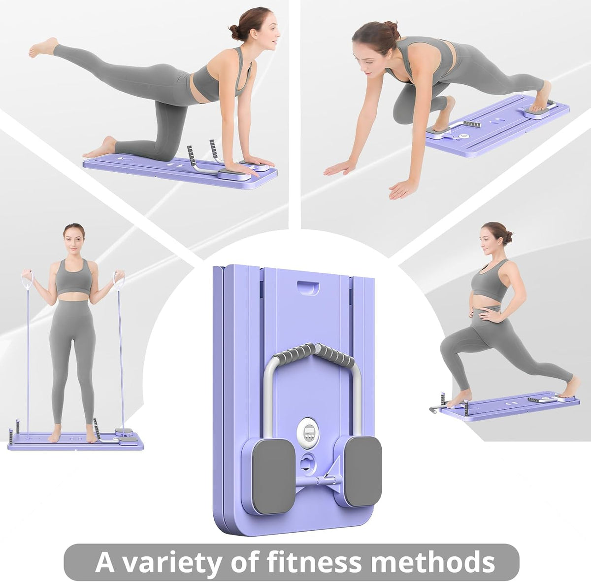Purple Pilates reformer board shown in multiple home workout positions
