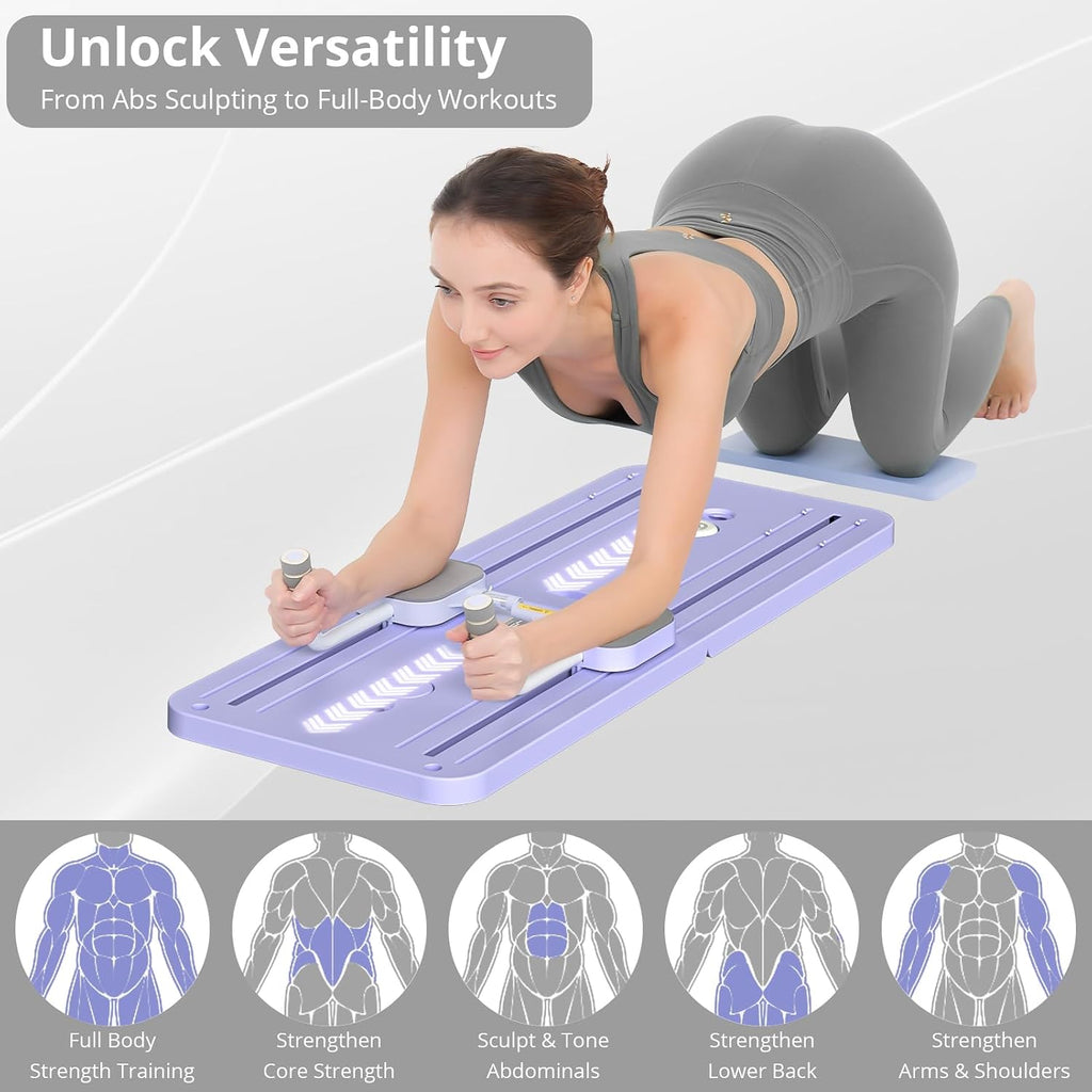 Woman using a purple Pilates reformer board for a full-body home workout
