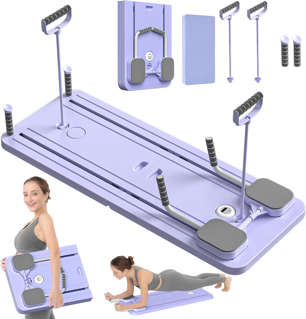 Duxome purple foldable Pilates reformer board with resistance bands and accessories