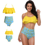 Bright yellow-blue Mom-daughter outfit
