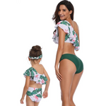 Mom-Daughter Swimwear - Green Floral Cross Design